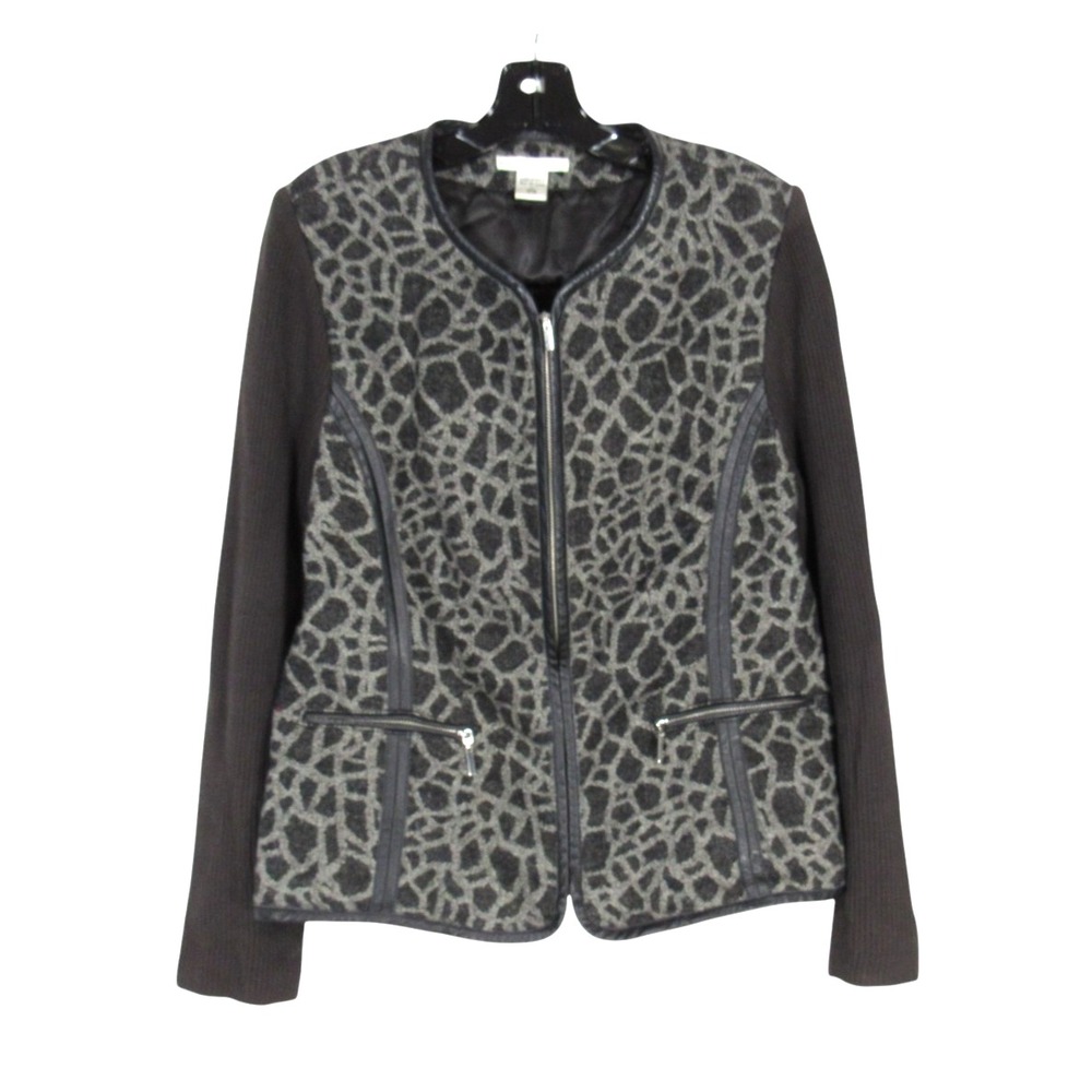 PETER NYGARD Gray ANIMAL PRINT Full Zip WOOL BLEND Pockets SWEATER JACKET L/14
